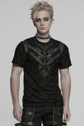 Black Short Sleeves Stitching Mesh Ripped Strap Men's Punk T-Shirt